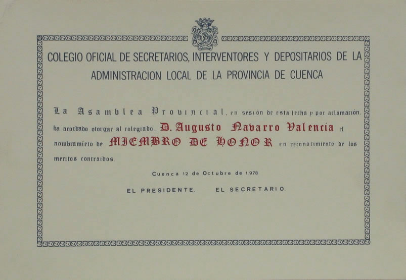 Javier Cebrián - Título Colegio Oficial de Secretarios, interven.. - 26 x 37,5  cm. - 1978